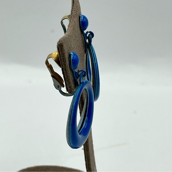 Vintage enamel Modern Blue Geometric Hoop Earrings - Picture 4 of 5